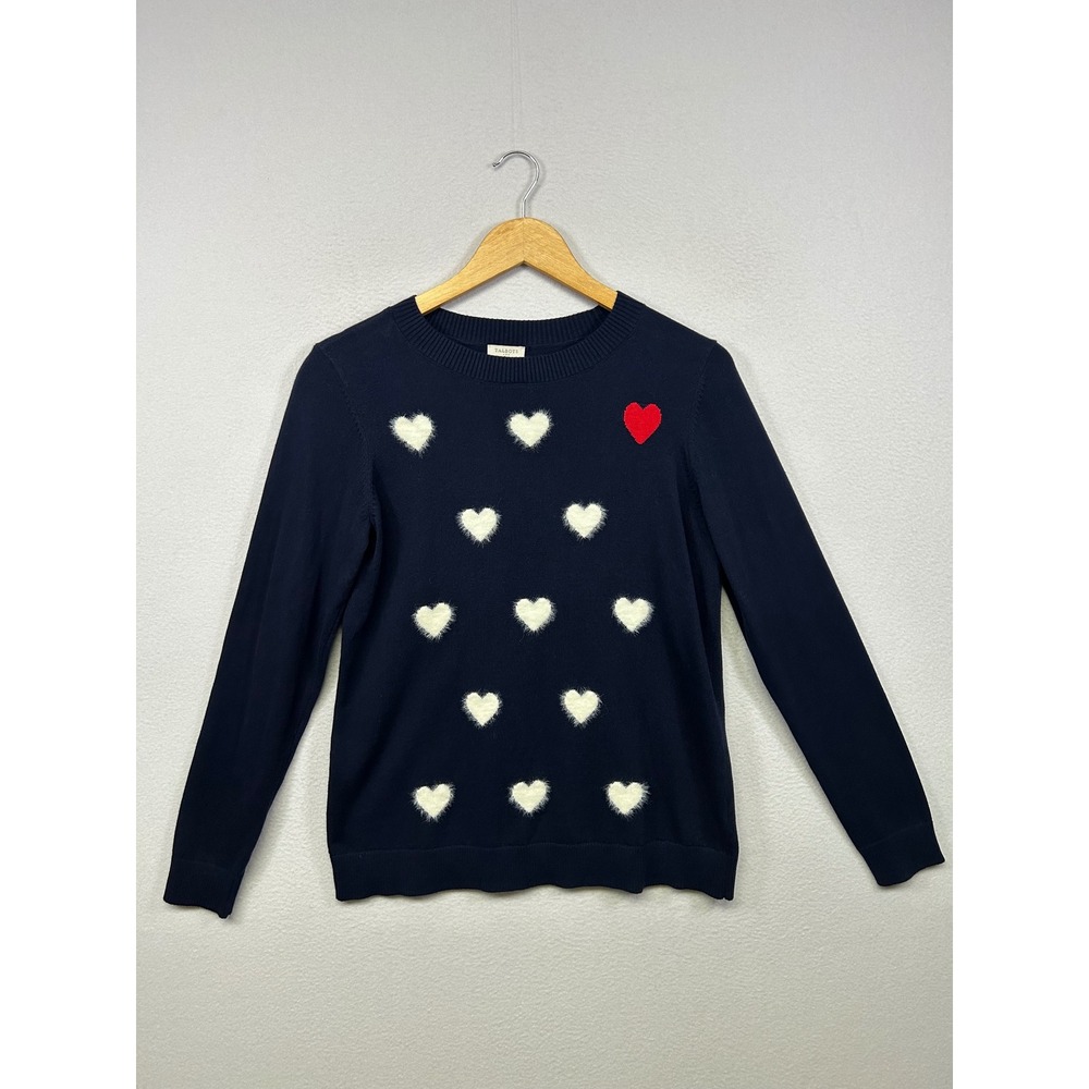 Talbots Romantic Preppy Womens Small Navy Blue Heart‎ Print Crew Neck Sweater